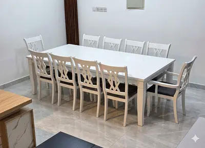 White 10-Seater Dining Table with Chairs - Good Condition