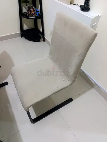 Used beige upholstered dining chair with metal sled base - 6 chairs