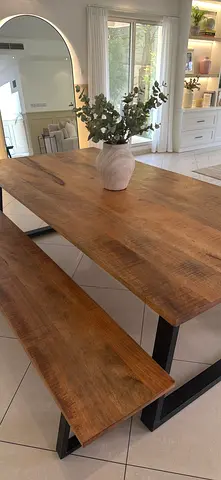 Solid Wood Dining Table with Bench - Rustic Industrial Style