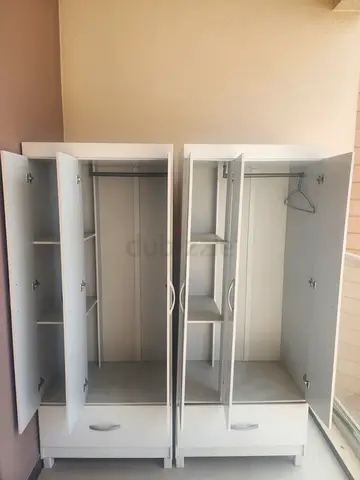 Pair of White Wardrobes with Shelves and Drawers - Good Condition