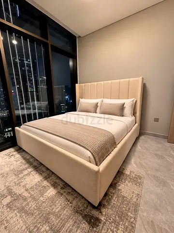 Beige Upholstered King Ottoman Bed with Headboard - GREAT CONDITION
