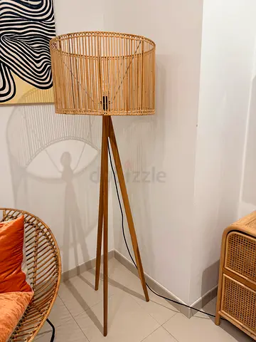 Rattan floor lamp with wooden tripod base - natural wicker shade, 165 cm