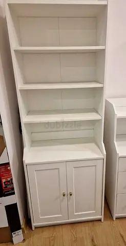 White Wooden Bookcase with Cupboard - 4 Shelves, Good Condition