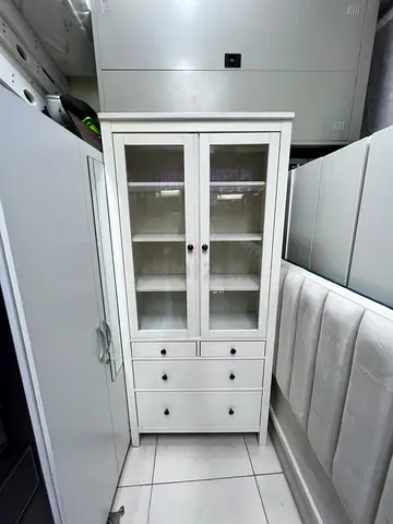 White Glass-Door Display Cabinet with Drawers