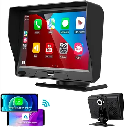 Portable Car wireless Android Auto CarPlay Dashcam with 7 inch Display. GPS, Bluetooth & Mounts