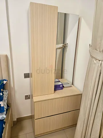 Light wood tall wardrobe with mirrored panel and drawer unit - good condition