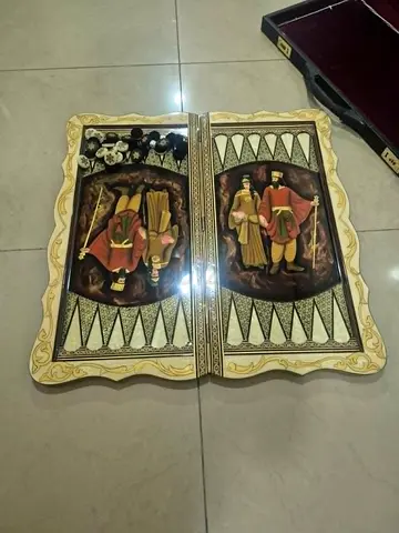 Handcrafted Vintage Backgammon Set with Inlaid Persian-Style Artwork