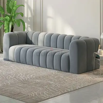 Modern Curved Channel Tufted 3-Seater Sofa - Light Grey