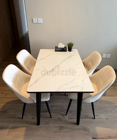 Compact 4-Seater Dining Table with Marble-Effect Top and Cushioned Chairs