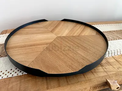 Round Wooden Serving Tray with Black Metal Rim - Rotating