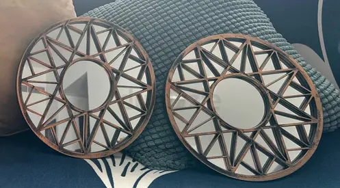 Pair of Round Decorative Wooden Wall Mirrors with Geometric Frame Home Decor