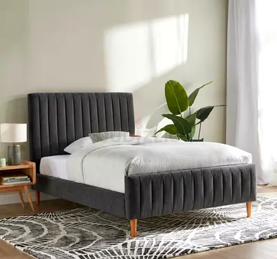 Grey Upholstered Double Bed Frame with Channel-Tufted Headboard