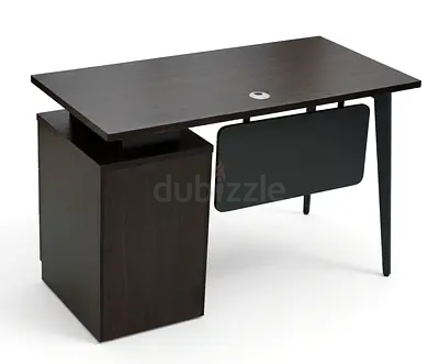 Dark Wood Office Desk with Side Cabinet and Cable Grommet