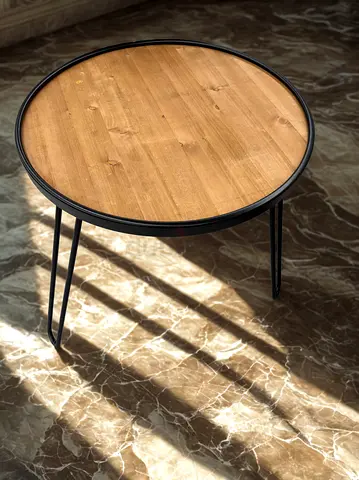 Round Wooden Coffee Side Table with Black Metal Legs