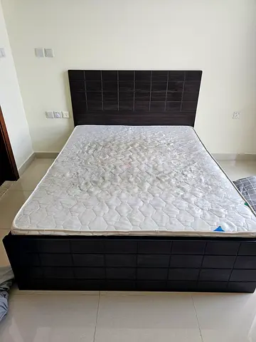Queen size bed frame with mattress - dark wood, good condition