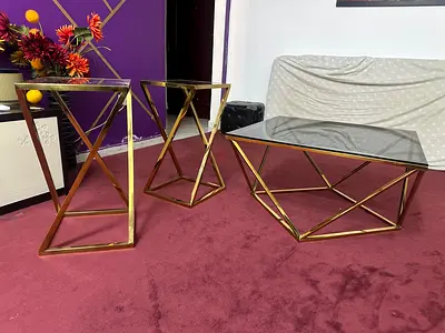 Modern Gold Geometric Coffee Table and Pair of Side Tables with Glass Tops