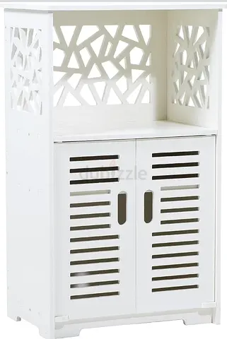 White Modern Bathroom Storage Cabinet with Open Shelf and Carved Design