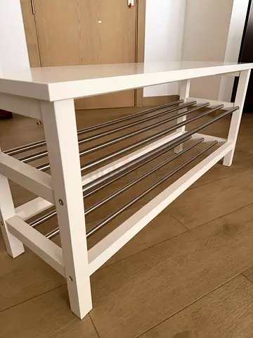 IKEA TJUSIG White wooden shoe rack with metal rails - compact entryway bench