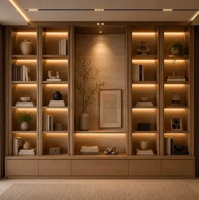 Wooden Display Shelves with Integrated LED Lighting