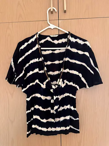 Monsoon navy and white striped short-sleeve blouse - size S
