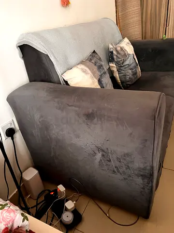2 seater cute Grey Fabric Suede Finish Armchair with Cushions, perfect for a studio.