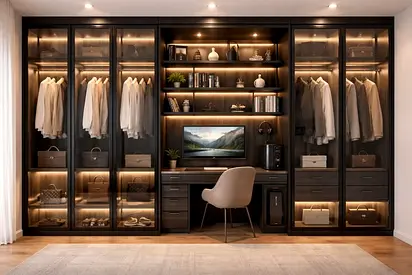 Custom Built-in Walk-in Wardrobe with Desk and Glass Doors