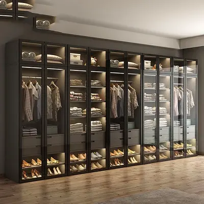 Modern Floor to Ceiling Glass Wardrobe with Integrated Lighting