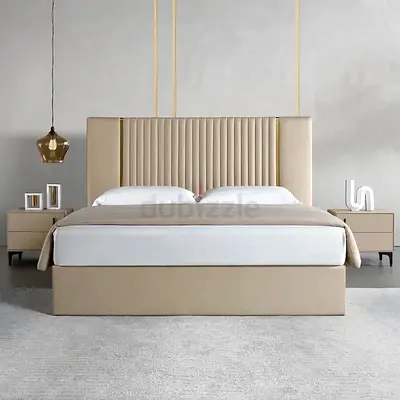 Beige Upholstered King Bed with Tall Padded Headboard