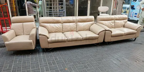 Beige Leather 6 Seater Sofa