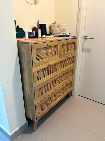 Modern Wooden Chest of Drawers with Rattan Mesh Detailing
