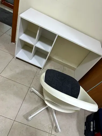 White desk with cubby shelves and matching swivel chair - good condition