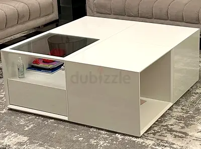 White modern square coffee table with storage and glass insert
