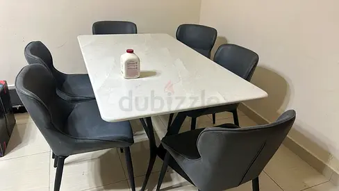 6-Seater Marble Top Dining Table with Upholstered Chairs - Good Condition