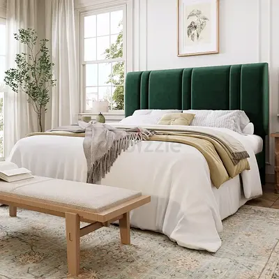 Dark green velvet straight line headboard queen size bed
