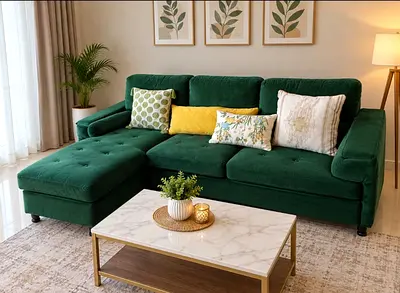 Green L-shaped Velvet Sofa with Chaise - Good Condition