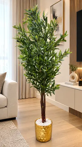 Tall artificial ficus tree with decorative gold pot