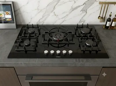 Siemens 5-Burner Gas Cooktop with Central Wok Burner – Black Glass