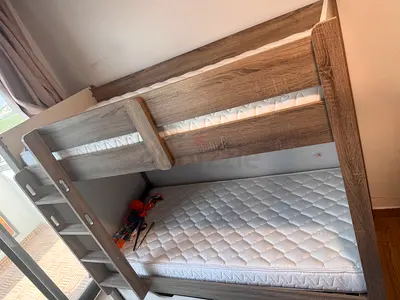 Wooden Bunk Bed with Two Mattresses and Storage - Great Condition