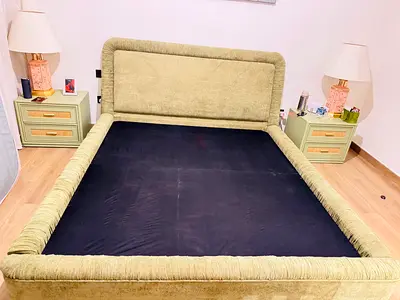 Queen size upholstered bed frame with padded headboard - light green