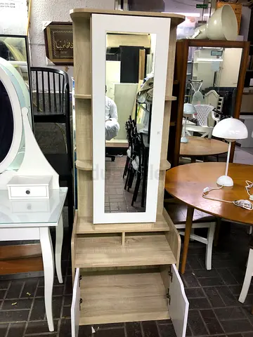 Tall wooden dressing cabinet with mirror and storage - light oak