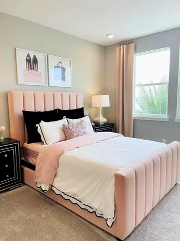 Queen upholstered pink channel-tufted bed frame with headboard
