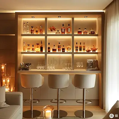 Modern built-in home bar unit with 3 swivel bar stools and LED shelving