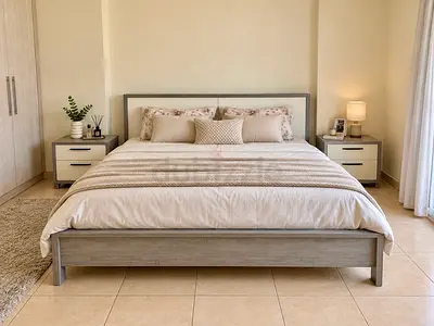 King wooden bed frame with headboard and matching nightstands - light grey