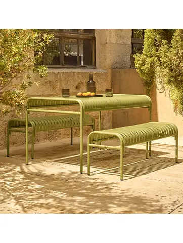 Green Metal Slat 3-Piece Garden Dining Set – 2 Benches & Table, Galvanised Steel, Outdoor Patio