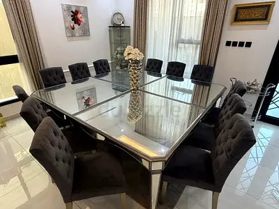 Luxury Mirror and Wood finish Top Dining Table with 14 Upholstered Chairs - Elegant Mirrored Frame