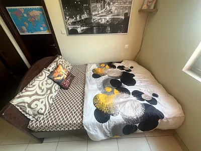 Queen size wooden bed with mattress - good condition