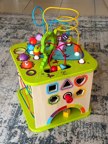 Wooden Activity Cube with Bead Maze and Shape Sorter - Excellent Condition