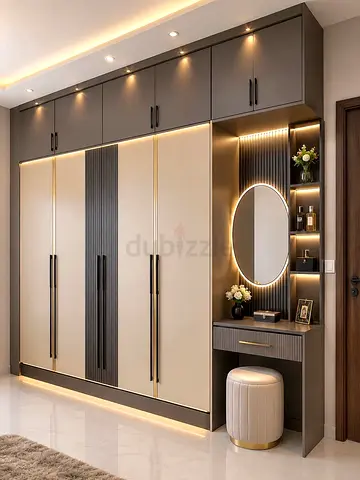 Modern Wardrobe with Integrated Dressing Table and LED Lighting