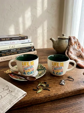 Set of 2 Tea Cups with one Van Gogh Saucer - 'Life is Better with a Cat'