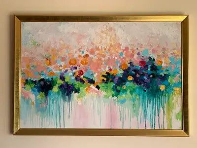 Framed Abstract Floral Painting with Gold Frame